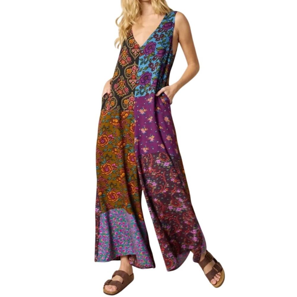 Natural Life Lets Just Go Jumpsuit Womens S Woodcut Floral Patchwork Wide Leg